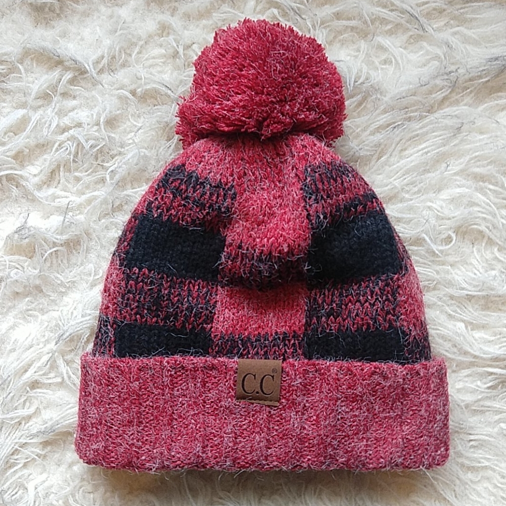 C.C. Red and Black Checkered Winter Hat Gingham Plaid Fleece Lined